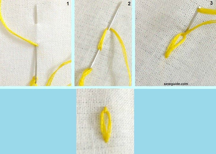 逐步制作懒惰的雏菊针迹 - 制作了一个长的循环针迹，并用直针将其固定在顶部