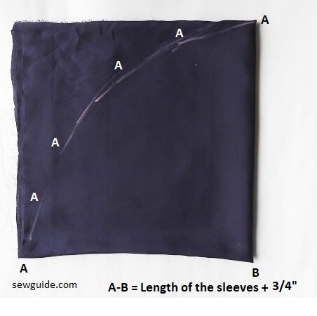 圆袖袖子的袖子图案；A-B标记为袖子的长度加3/4英寸