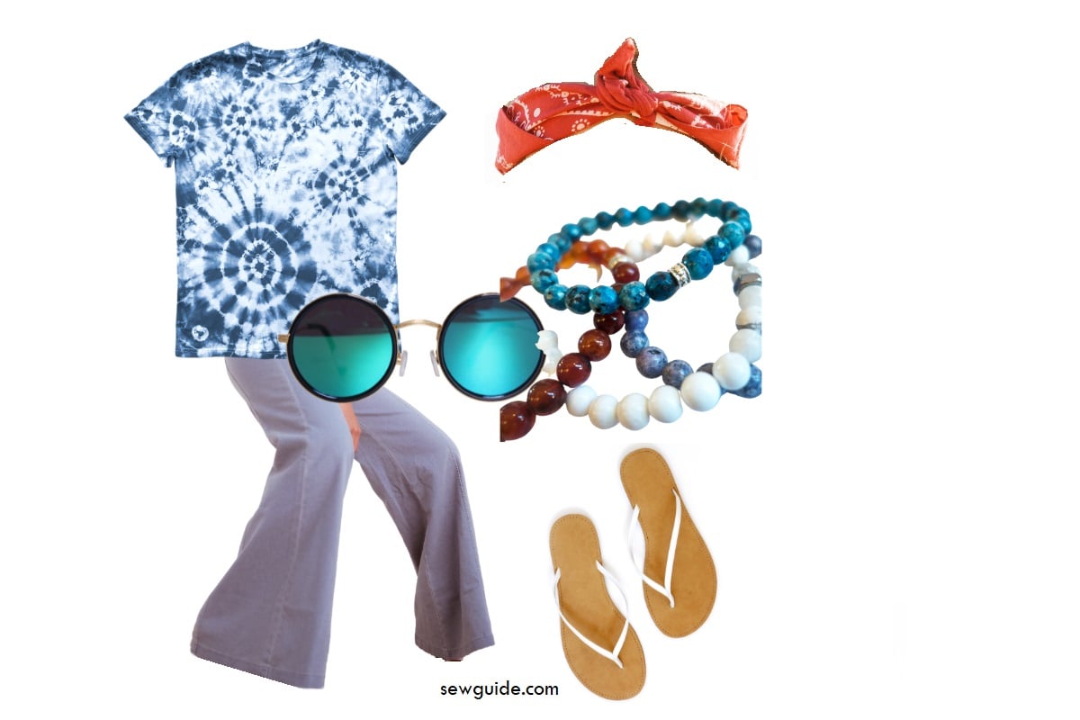 嬉皮士的衣服和配件 - 扎染染料T恤，松散的喇叭裤，太阳眼镜，头带。串珠珠宝和拖鞋